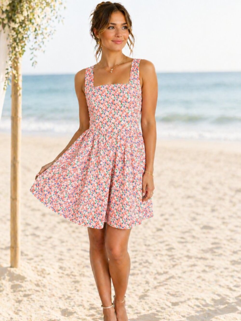 Endless Rose Anthro Style Pink Floral Smocked Dress Bow Back Fit & Flare S Weddi
